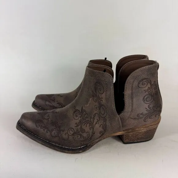 Roper Boots Women's 9 Brown Pull-On Snip Toe Embroider Ankle Cowboy Boots Bootie