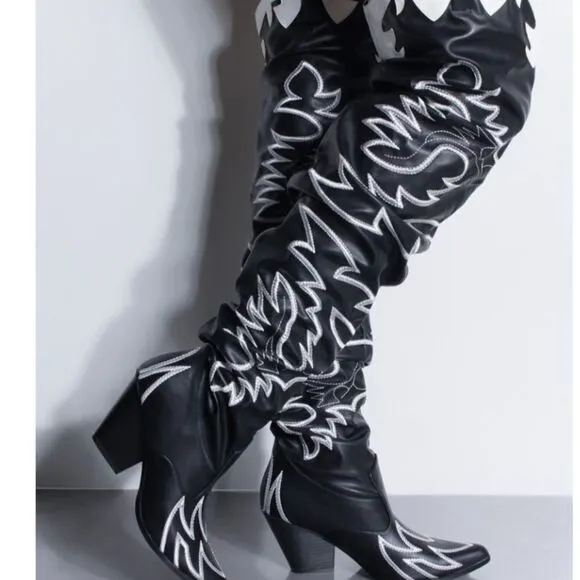 RUN THIS TOWN WESTERN OVER THE KNEE BOOTS BLACK