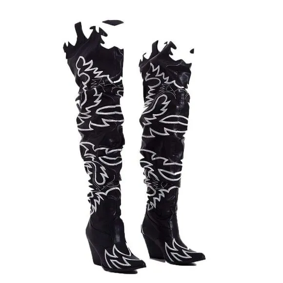 RUN THIS TOWN WESTERN OVER THE KNEE BOOTS BLACK