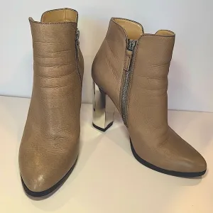 Saks 5th Ave Hallie Truffle Color Leather Ankle Boots W Mirror Block Hee…