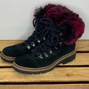 Sam Edelman Bowen black suede fuzzy lace up boots size 6