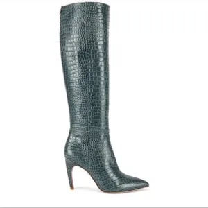 Sam Edelman Fraya Knee High Crocodile Embossed Heeled Boots Grey Iris Size 6.5