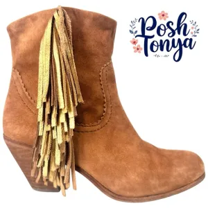 Sam Edelman Louie Suede Fringe Boho Ankle Bootie Stacked Heel, Brown, Size 7.5