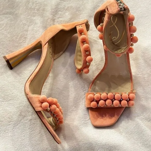 Sam Edelman Luella Canyon Clay Square Toe PomPom Beaded Slingback Heels Size 7.5