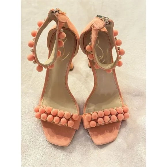 Sam Edelman Luella Canyon Clay Square Toe PomPom Beaded Slingback Heels Size 7.5