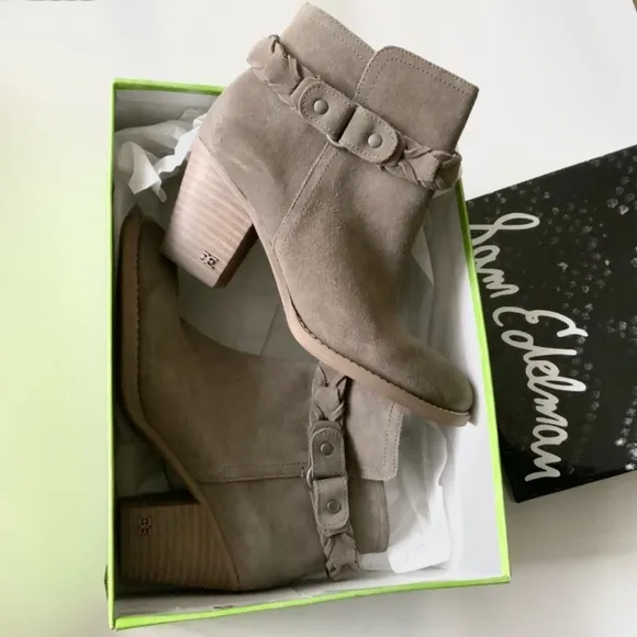 Sam Edelman Minetta Burnished Grey Suede Almond Toe Block Heel Ankle Boot Bootie