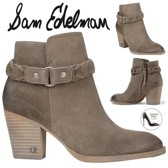 Sam Edelman Minetta Burnished Grey Suede Almond Toe Block Heel Ankle Boot Bootie