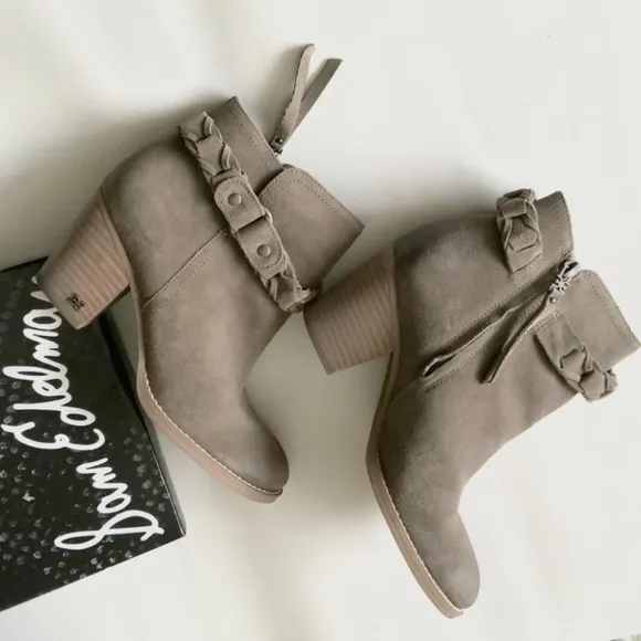 Sam Edelman Minetta Burnished Grey Suede Almond Toe Block Heel Ankle Boot Bootie