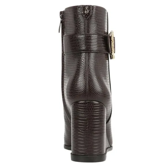 Sam Edelman Women's Weslie Embossed Leather Buckled Wedge Boots Brown Size 8