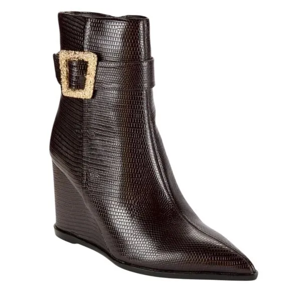 Sam Edelman Women's Weslie Embossed Leather Buckled Wedge Boots Brown Size 8