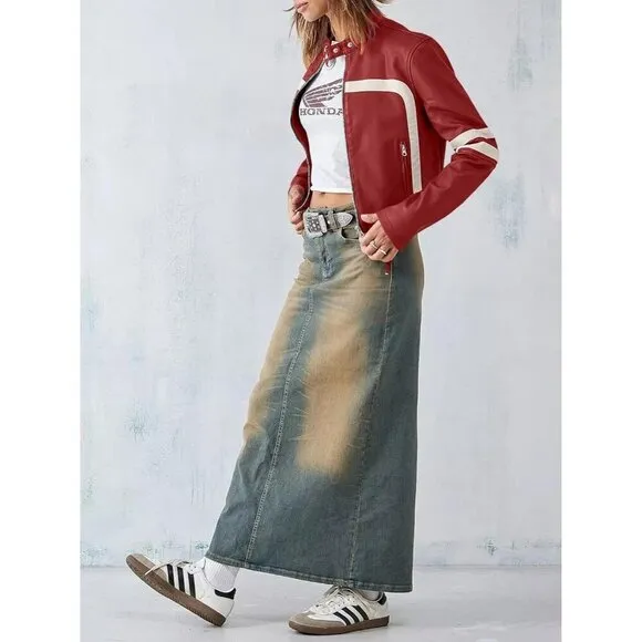 Saodimallsu Women’s Faux Leather red Jackets Zip Up Collar Cropped  coat