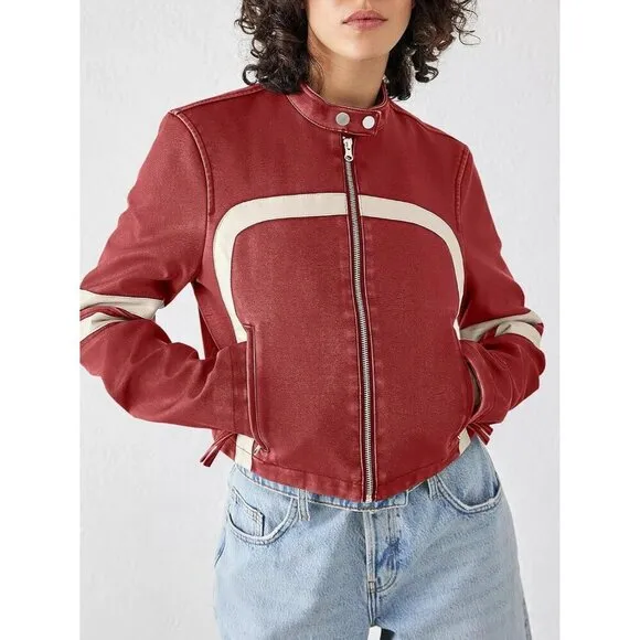 Saodimallsu Women’s Faux Leather red Jackets Zip Up Collar Cropped  coat