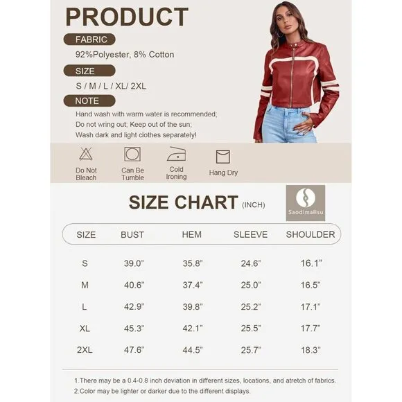 Saodimallsu Women’s Faux Leather red Jackets Zip Up Collar Cropped  coat