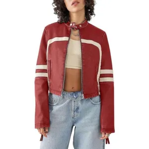 Saodimallsu Women’s Faux Leather red Jackets Zip Up Collar Cropped  coat