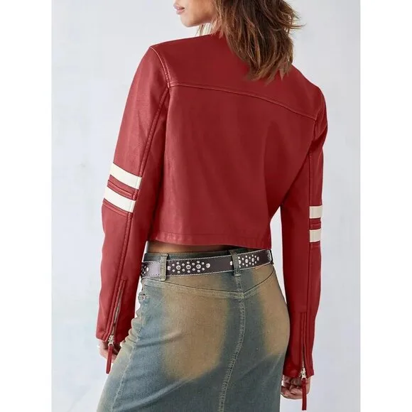 Saodimallsu Women’s Faux Leather red Jackets Zip Up Collar Cropped  coat