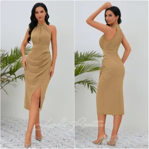 Sexy Tan Slit Ruched Sleeveless Dress