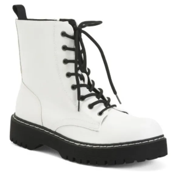 Sincerely Jules Harley Women Lace  Up Combat Boots White Faux Leather Vegan NWOB