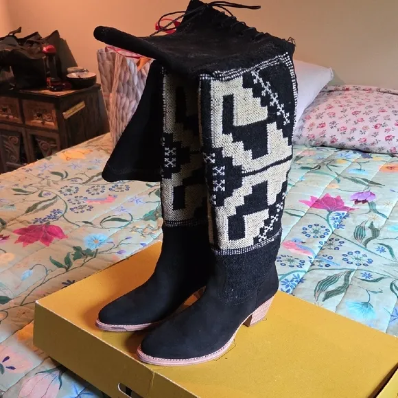 Society Black and Cream Over the Knee Boots with Geometric Design