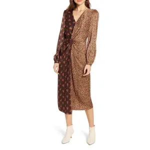 Something Navy Brown Leopard Floral Mixed Print Twist Wrap Dress M