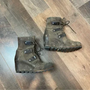 Sorel Joan of Arctic Lace Up Wedge Boots Leather Brown 9