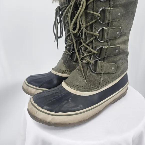 Sorel Joan of Arctic Winter Snow Boot Lace Up Faux Fur Cuff Trim Olive Green W 9