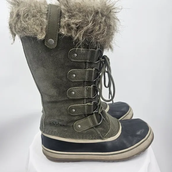 Sorel Joan of Arctic Winter Snow Boot Lace Up Faux Fur Cuff Trim Olive Green W 9