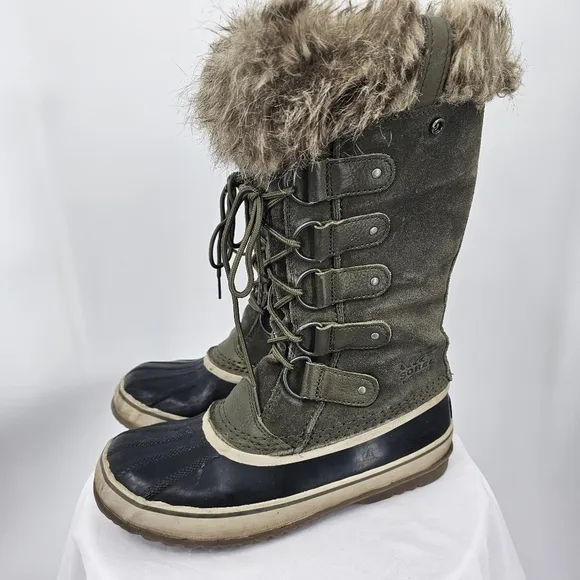Sorel Joan of Arctic Winter Snow Boot Lace Up Faux Fur Cuff Trim Olive Green W 9