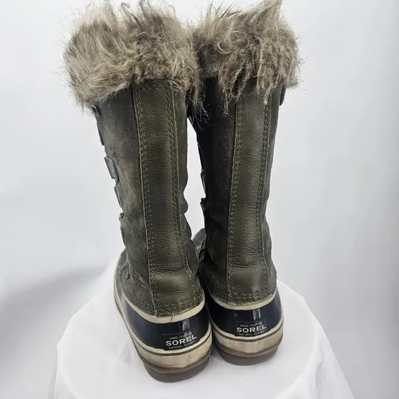 Sorel Joan of Arctic Winter Snow Boot Lace Up Faux Fur Cuff Trim Olive Green W 9