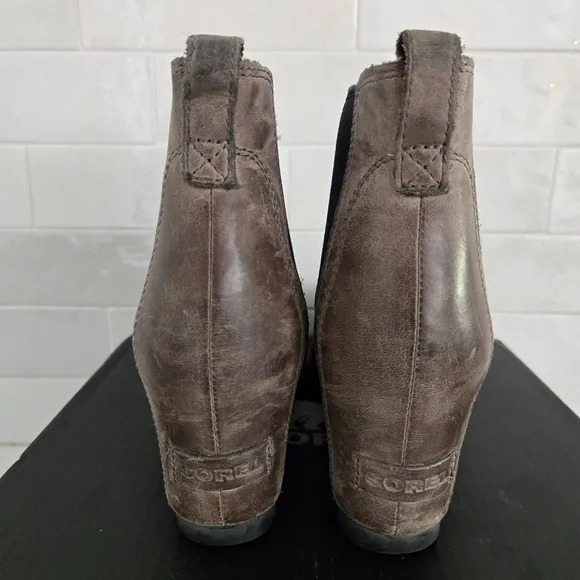 Sorel Lea Wedge Leather Boots Brown Gray Black Kettle Taupe Size 7.5 NL2334