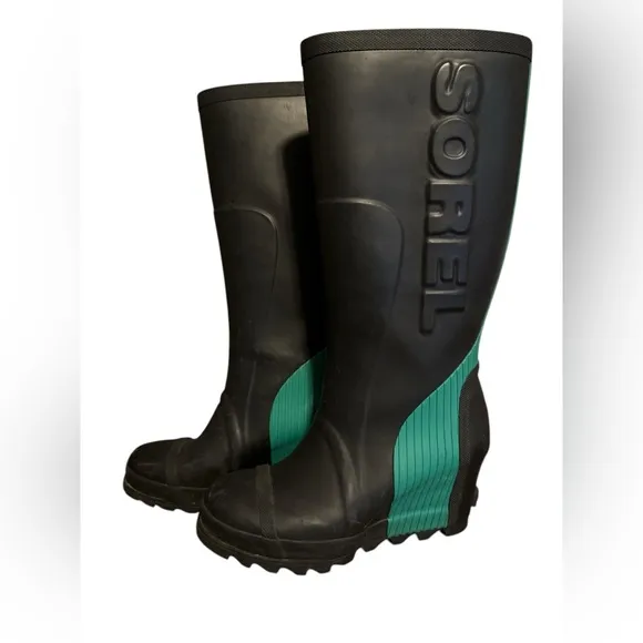 Sorel Women's Joan Of Arctic Black and Green Wedge Rain Boots