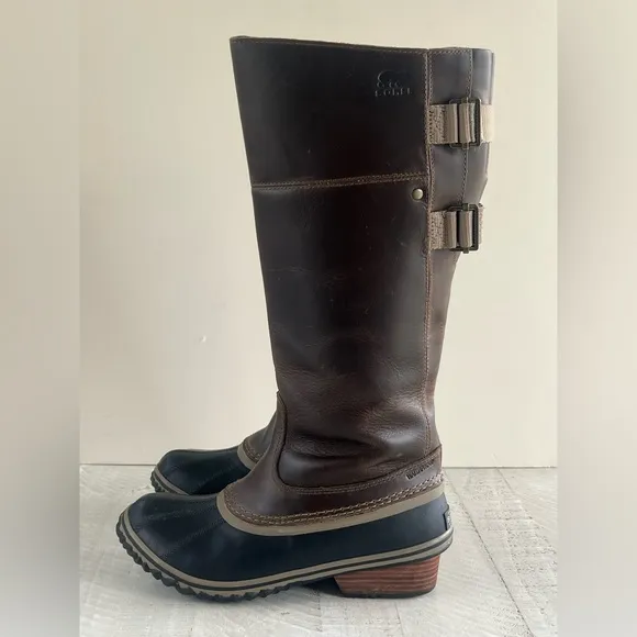 Sorel Women’s Slimpack Riding Tall II Leather Upper Brown &amp; Charcoal Boots sz 8