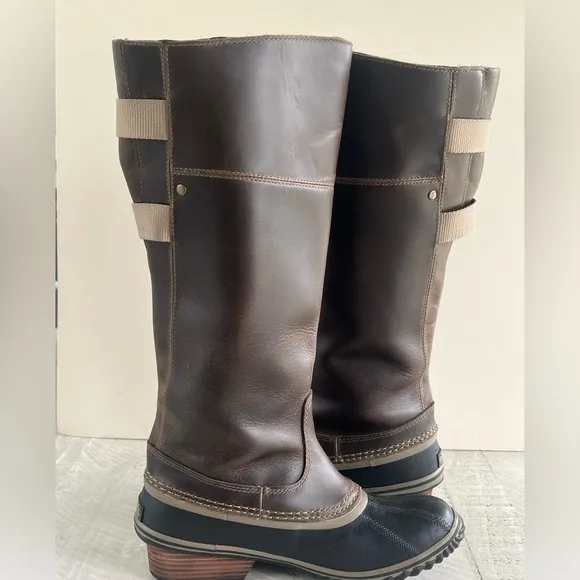 Sorel Women’s Slimpack Riding Tall II Leather Upper Brown &amp; Charcoal Boots sz 8