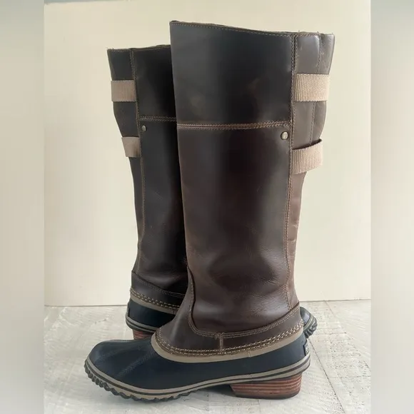 Sorel Women’s Slimpack Riding Tall II Leather Upper Brown &amp; Charcoal Boots sz 8
