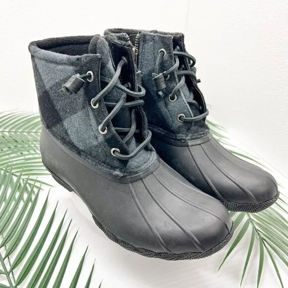 Sperry Saltwater Women’s Check Black Side Zip Lace UP Duck Boots Size 6 NWOB