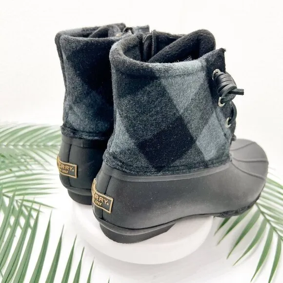 Sperry Saltwater Women’s Check Black Side Zip Lace UP Duck Boots Size 6 NWOB