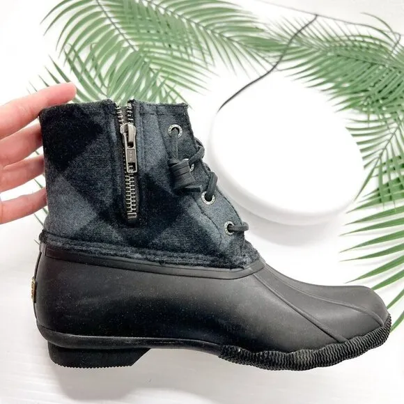 Sperry Saltwater Women’s Check Black Side Zip Lace UP Duck Boots Size 6 NWOB