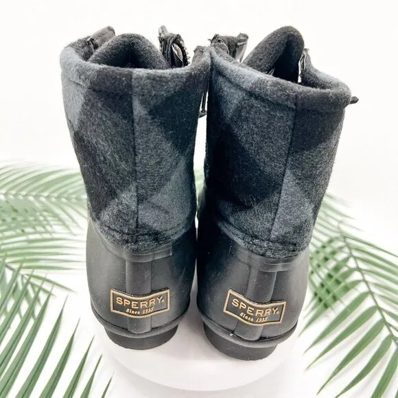 Sperry Saltwater Women’s Check Black Side Zip Lace UP Duck Boots Size 6 NWOB