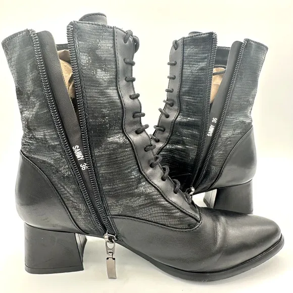 Spring Step Sammy Granny Boots Womens 36 Black Leather Zip Mid Calf Witchy Goth