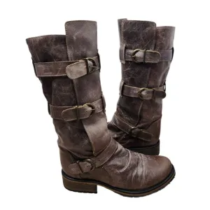 Steve Madden Buckkie Brown Leather Boots Buckles Western Riding Women's 8.5