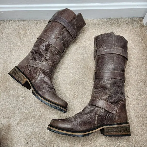 Steve Madden Buckkie Brown Leather Boots Buckles Western Riding Women's 8.5