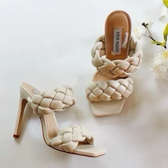 Steve Madden Kenley Plaited Heeled Mules in Off White Sandals Shoes
