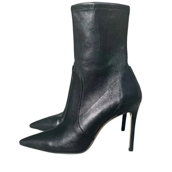 Stuart Weitzman Black Leather Pointed Boots W/4-Inch Stiletto Heels- LT3283