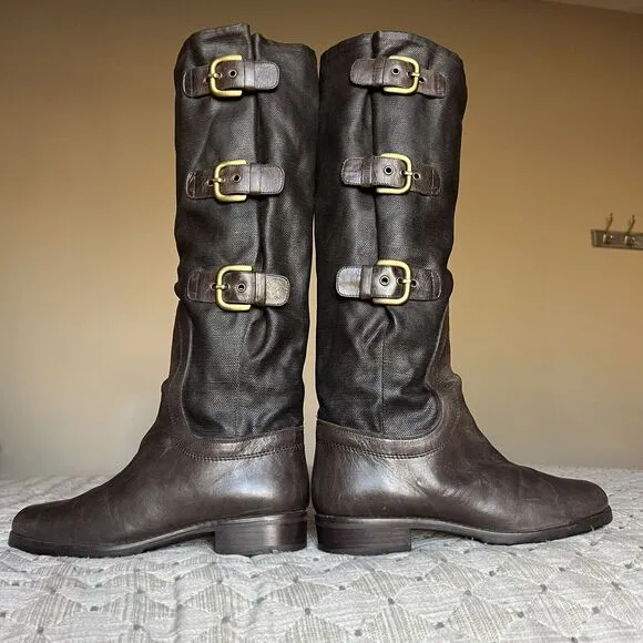 Stuart Weitzman Ludlow Brown Tall Leather &amp; Coated Canvas Boot w/ Buckles Sz 5.5