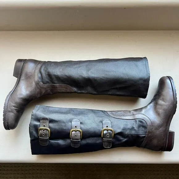 Stuart Weitzman Ludlow Brown Tall Leather &amp; Coated Canvas Boot w/ Buckles Sz 5.5