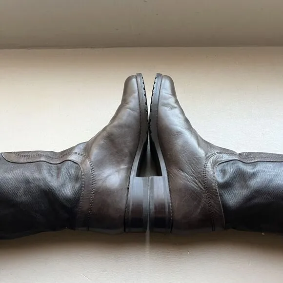 Stuart Weitzman Ludlow Brown Tall Leather &amp; Coated Canvas Boot w/ Buckles Sz 5.5