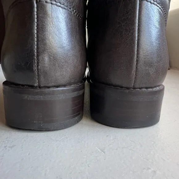 Stuart Weitzman Ludlow Brown Tall Leather &amp; Coated Canvas Boot w/ Buckles Sz 5.5