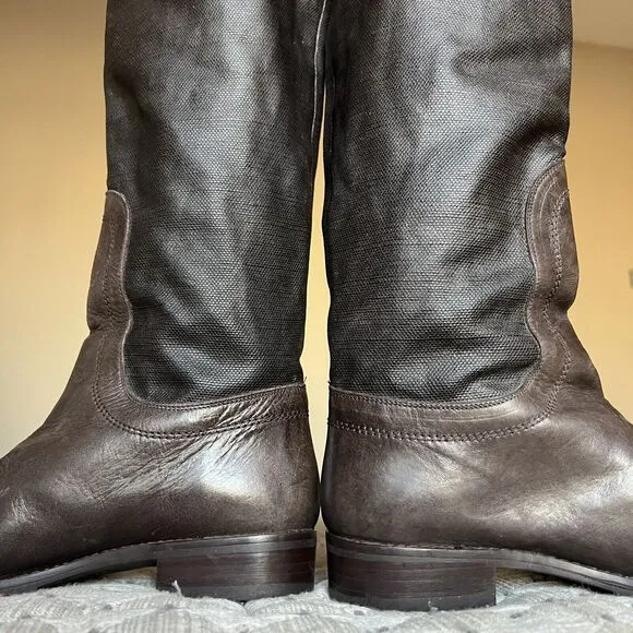 Stuart Weitzman Ludlow Brown Tall Leather &amp; Coated Canvas Boot w/ Buckles Sz 5.5