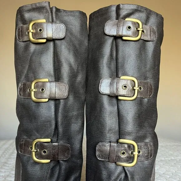 Stuart Weitzman Ludlow Brown Tall Leather &amp; Coated Canvas Boot w/ Buckles Sz 5.5