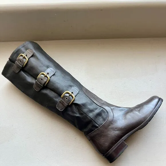 Stuart Weitzman Ludlow Brown Tall Leather &amp; Coated Canvas Boot w/ Buckles Sz 5.5