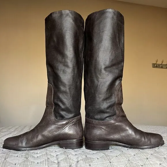 Stuart Weitzman Ludlow Brown Tall Leather &amp; Coated Canvas Boot w/ Buckles Sz 5.5